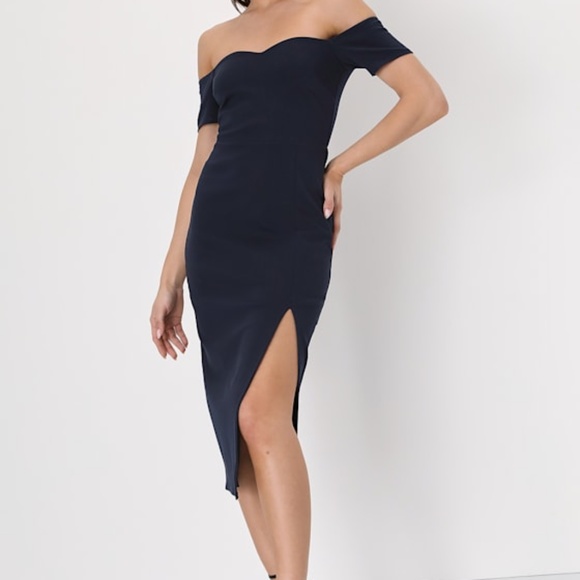Lulus Precious Perfection Navy Blue Off-the-shoulder Midi Dress - Size M - Picture 1 of 1